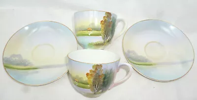 VINTAGE NORITAKE 2 CUPS & SAUCERS - Lake Scene - Very Old & Rare - Very Good Con • $69.95