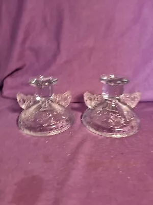 Art Deco Sowerby Blue Vaseline Glass Dressing Two Candle Holders • £9.99