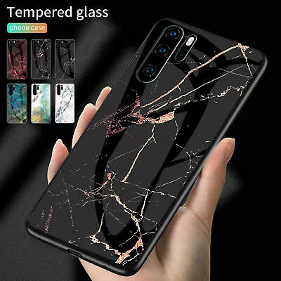 For Huawei Various Phones Marble Pattern Hybrid Tempered Glass Back Case Cover • $16.15