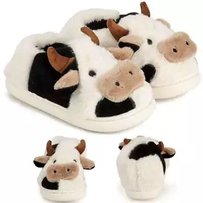 Fuzzy Cow Slippers For Women And Men Novelty Indoor Animal Slippers Adult • $14.03