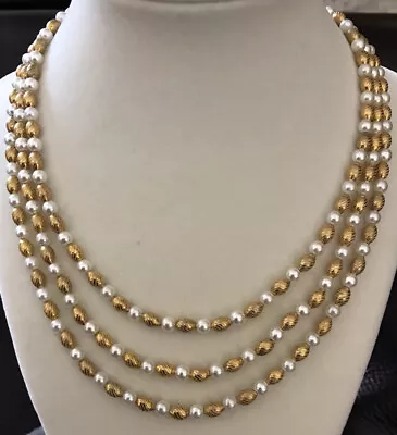 Vintage Gold Tone Faux Pearl 3 Strand Beaded 18” Necklace. #9 • $16.96