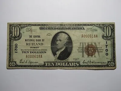 $10 1929 Rutland Vermont VT National Currency Bank Note Bill Charter #1700 FINE • $208.99