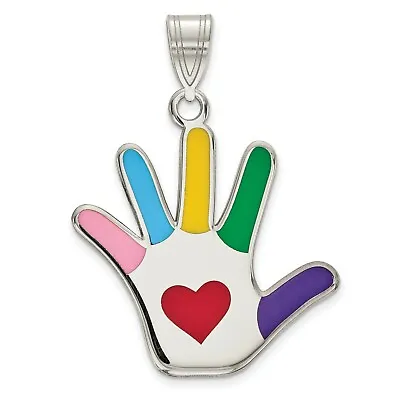 Multi Color Autism Hand Print Charm Pendant With Heart In 925 Sterling Silver • £56.04