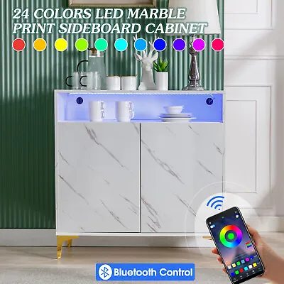 Modern White High Gloss Marble 24-Colors LED Buffet Sideboard Cabinet Kitchen • $159.99