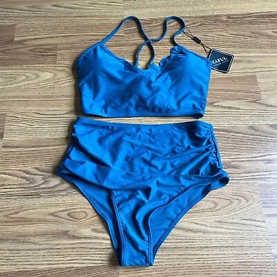 Zaful Teal Bikini Lace Up Back Top High Waisted Bottoms Size Medium (US Size 6) • $22.50