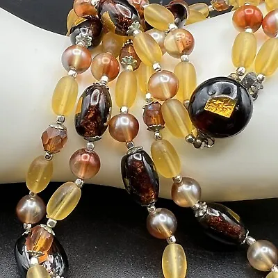 Vintage Brown Amber Glass Beads Double Strand Silver Tone Necklace 22  • $15