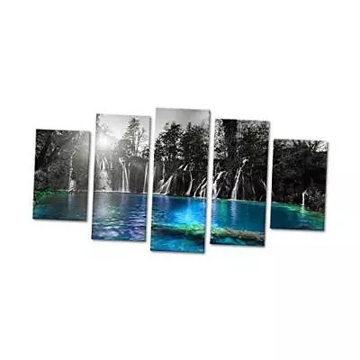  5 Piece Canvas Wall Art Black And White Dreamlike Waterfall Picture Teal Large • $115.78