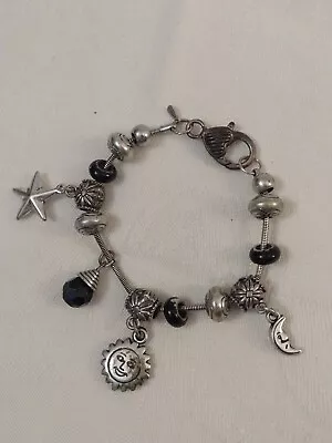 Silvertone And Black RMN Charm Bead Bracelet Sun Moon Star • $9