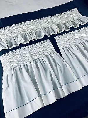 Vintage 3 Pc Tier Cafe Half Curtains Off White Blue Pleated Valance 48” Ruffled • $19.99
