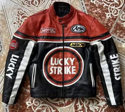 Men's Vintage Lucky Strike Racing Motorcycle Leather Jacket Black With Red  • $134.99