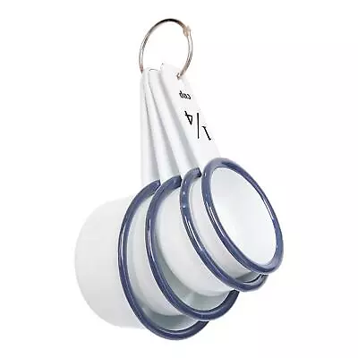 4pc Blue White Enamel Measuring Cups Set Kitchen Baking Flour Cooking Spoons • £13