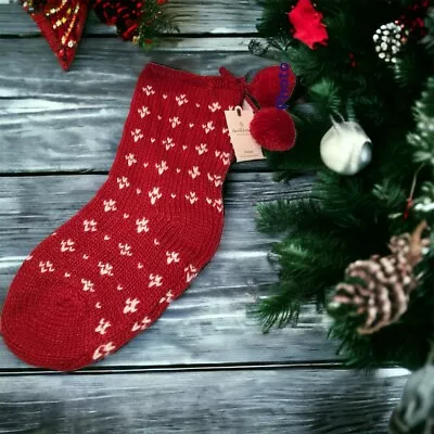 NWT Hearth And Hand Magnolia Christmas Stocking - White Red Knit With Red Poms • $14.95