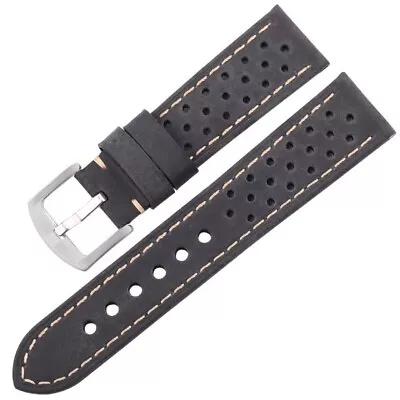 High Grade Perforated Rally Style Soft Leather 22 Mm Watch Strap BLK - UK Seller • £12.49