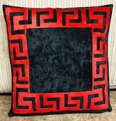 Black & Red Greek Keys/Border/ Crushed Velvet Decorative Pillow Throw Cover 17” • £19.99