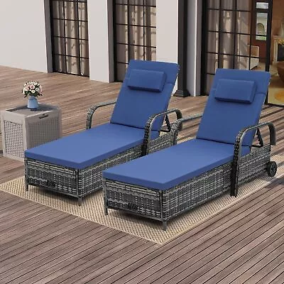 Outdoor Wicker Chaise Lounge Chair W/Storage Rattan Pool Patio Recliners 1pcs • $177.52