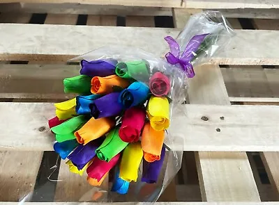 24 Mixed Colour-2 Dozen Wooden Roses Hand Tied Single Stems Choose Your Colours • £18.95