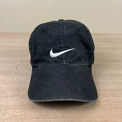 Vintage 90s Nike Hat Cap Strap Back Black White Swoosh Logo One Size Fits • $18.85