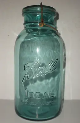 Vintage Ball Ideal Blue Half Gallon Mason Jar #8 Wire Bail W/Aqua Glass Lid 1908 • $29.99