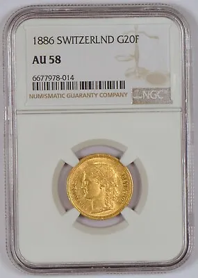 1886 Switzerland 20 Francs Gold Coin Confederation Graded AU58 By NGC • $490