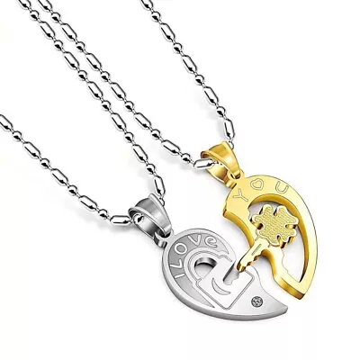 2 Couple Matching Silver/Gold Key & Lock Love Heart Pendant Chain Set Necklace • £4.99