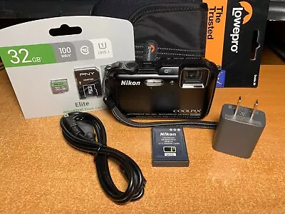 Nikon COOLPIX AW120 Black Waterproof Digital Camera + 32GB + Many Extras (1958) • $104.95