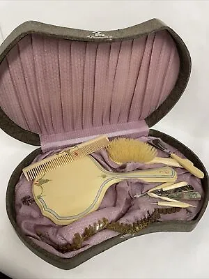 Vintage Celluloid Vanity Dresser Set 10 Piece Brush Mirror Travel Case  • $79.99