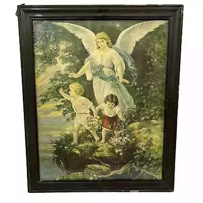 Wood Frame The Guardian Angel With Child On Cliff Litho 18x22 Wood Back Antique • $89.95