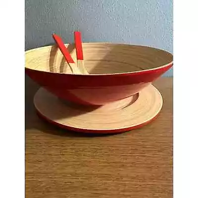 Bamboo Salad Serving Bowl Tray & Utensils GUC Red And Brown Dinner Server • $19.99