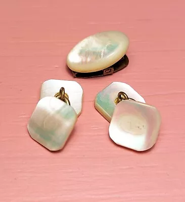 Antique Mother Of Pearl Cufflinks And Tie Clip Gold Tone Opalescent Vintage  • $15