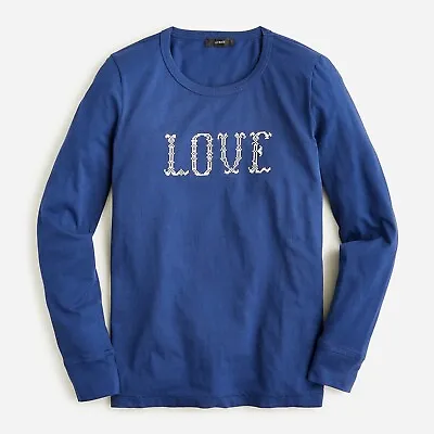 NWT J CREW Blue LOVE Embroidered Long Sleeve T-Shirt Sz S • $14.99