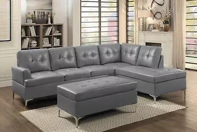 Modern 3-Piece Sectional Sofa L-shape Couch Ottoman Tufted Gray Solid Wood • $1449