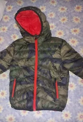 Boys Size 5-6Winter Puffy Puffer Jacket Fleece Lined Removable Hoodie Army Green • $10