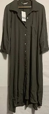 Zara Dark Olive Green Collared Button Down Shirts Dress Size XXL • $30.95