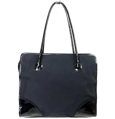 Vtg SALVATORE FERRAGAMO Black Canvas W/ Patent Leather Trims Large 14  Tote Bag • $89.99