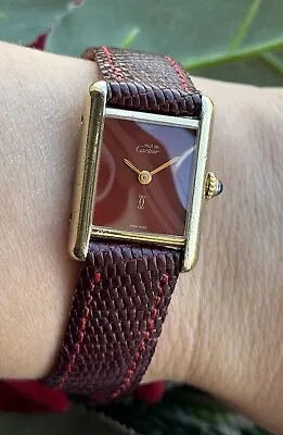 Vintage Must De Cartier Tank Burgundy Dial Argent 925 Lady Swiss Made Genuine • $1499