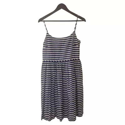 J Crew Dress Size 10 Blue White Linen Blend Striped Sleeveless Pockets Nautical • $18.94