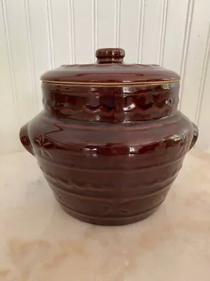 VTG Marcrest Stoneware Daisy Dot Brown Glazed Oven Proof Crock Bean Pot Lid USA • $39.50