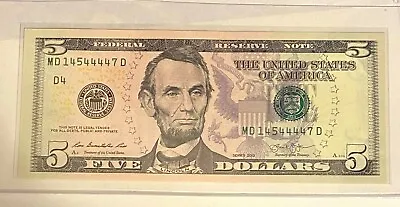 2013 (MD) $5 Five Dollar Bill Federal Reserve Note Cleveland Fancy 5 4s Crisp • $11.95