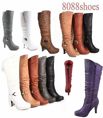 $47.99 • Buy Women's  Round Toe High Heel Platform Mid-Calf  Knee High Boots Shoes Size 5 -11