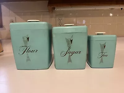 VTG Vintage Turquoise 3 PC KITCHEN CANISTER SET MCM - (RARE) Highly Desired • $50