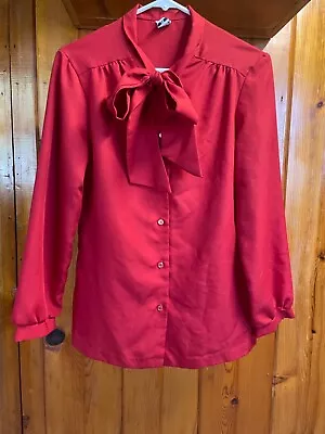 Division II Vintage 70's Polyester Secretary Blouse Necktie Bow Red Polyester Sm • $9