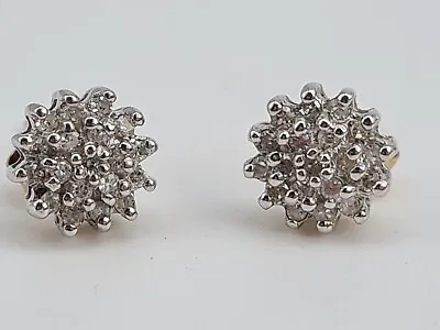 £239 • Buy Vintage: Sparkling 9ct Gold Diamond Cluster Stud Earrings- Crisp Condition