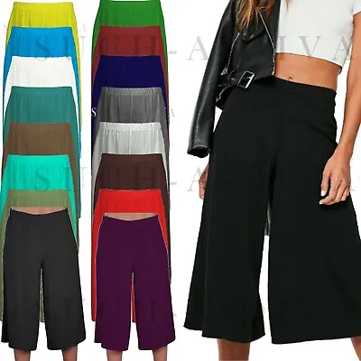 Ladies Womens Elasticated Stretch Wide Leg Culottes 3/4th Length Plus Size 8-26 • £4.45