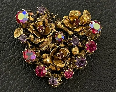 Austria Signed 1935’s Heart Brooch Rhinestone Iridescent Art Glass Vintage Pin • $75