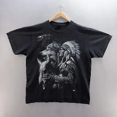 Wild T Shirt XL Black Graphic Print Native American Wolf Short Sleeve Cotton Men • £8.99