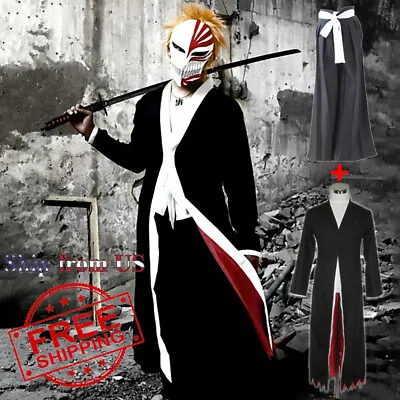 Bleach Kurosaki Ichigo Robe Cloak Coat + Kimono Pants Full Set Cosplay Costume • $39.99