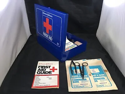 Vintage Johnson And Johnson First Aid Kit  Blue Metal Case And Supplies • $15.84