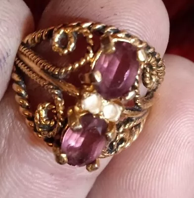 Vintage Karatclad 18k Gold HGE Espo Purple Rhinestone Ring Size 6 6.5 Beautiful  • $11.11