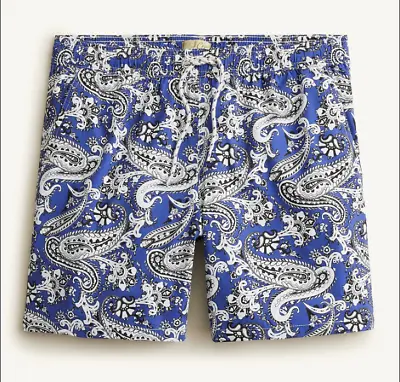 J. Crew 6  Men's Stretch Swim Trunk Trunks Paisley Print Blue White  L Jcrew • $34.97