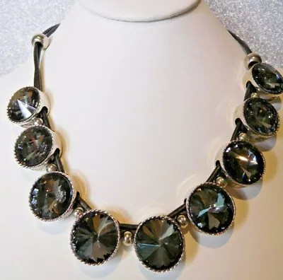 Zara Gray Rivoli Crystal Necklace Leather Silver Tone 19 - 22  N171 • $35.40